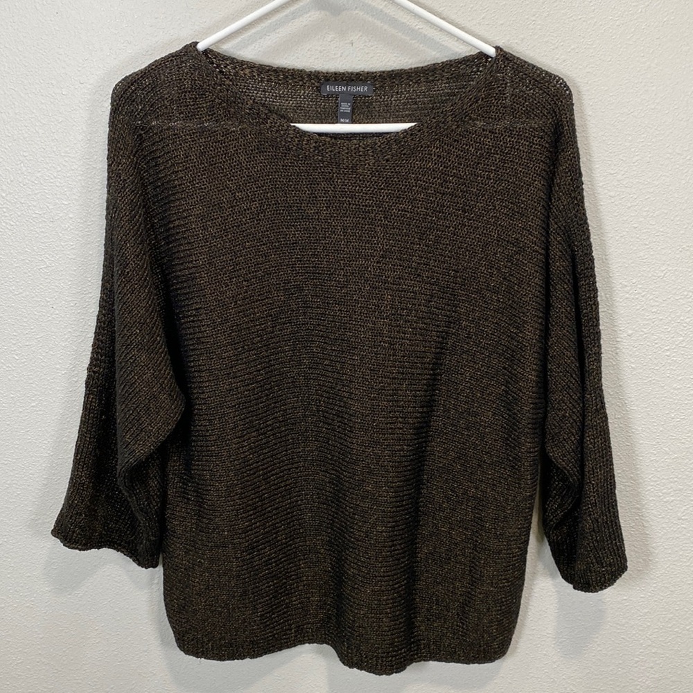 Eileen Fisher organic‎ Linen sweater brown slit sleeves